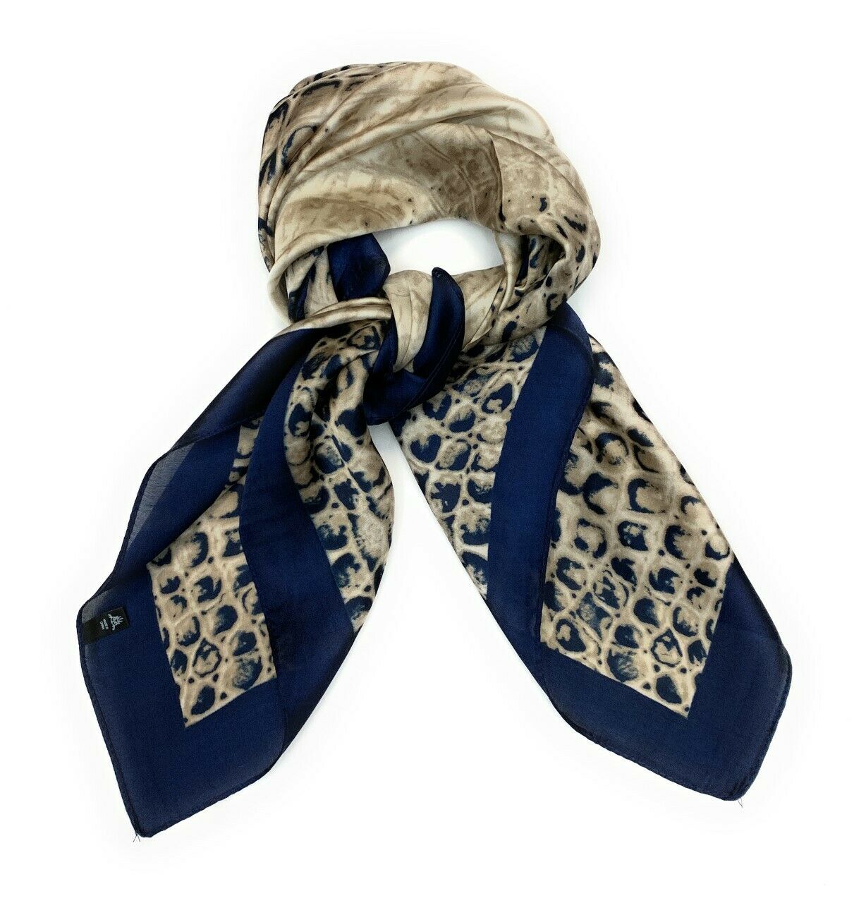 Big Square Ladies Womans Faux Silk Head Neck Thin Scarf Bag Charm - 70cm x 70cm [Snake Print - Navy Beige]