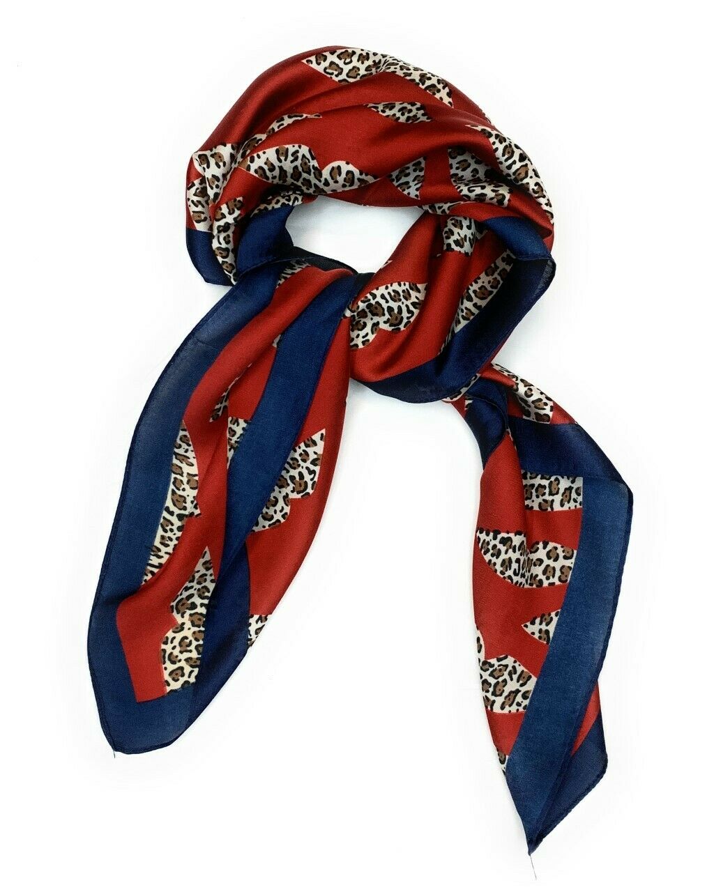 Big Square Ladies Womans Faux Silk Head Neck Thin Scarf Bag Charm - 70cm x 70cm [Leopard Lip Kiss - Red Navy]
