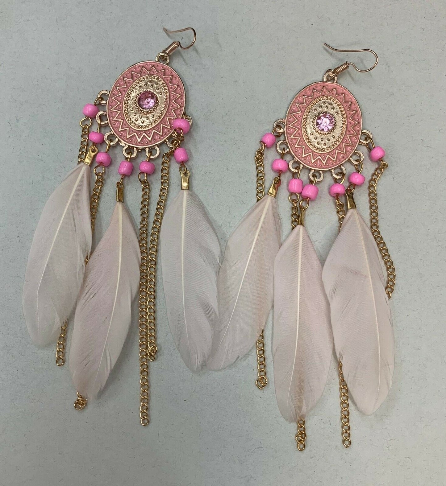 Blush Pink / Pale Pink Feather Chandelier Earrings Gold Gypsy Boho Tribal Tassel - Pierced or Clip On