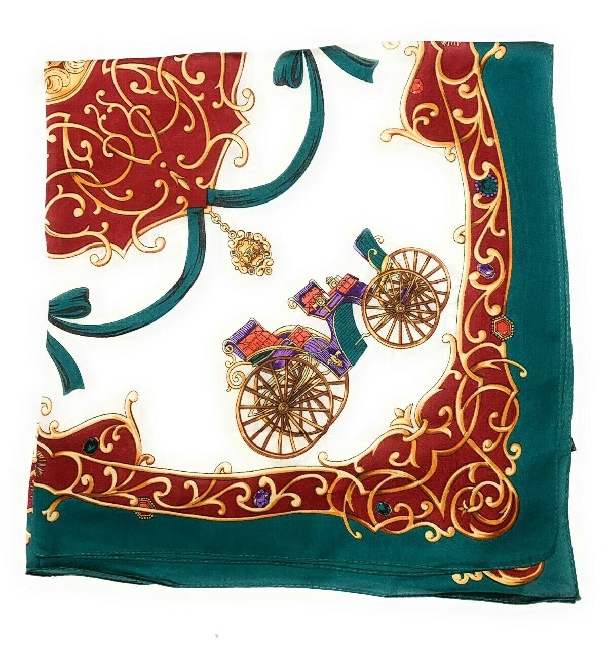 Big Square Ladies Womans Faux Silk Head Neck Thin Scarf Bag Charm - 70cm x 70cm [Green Burgundy Carriage]