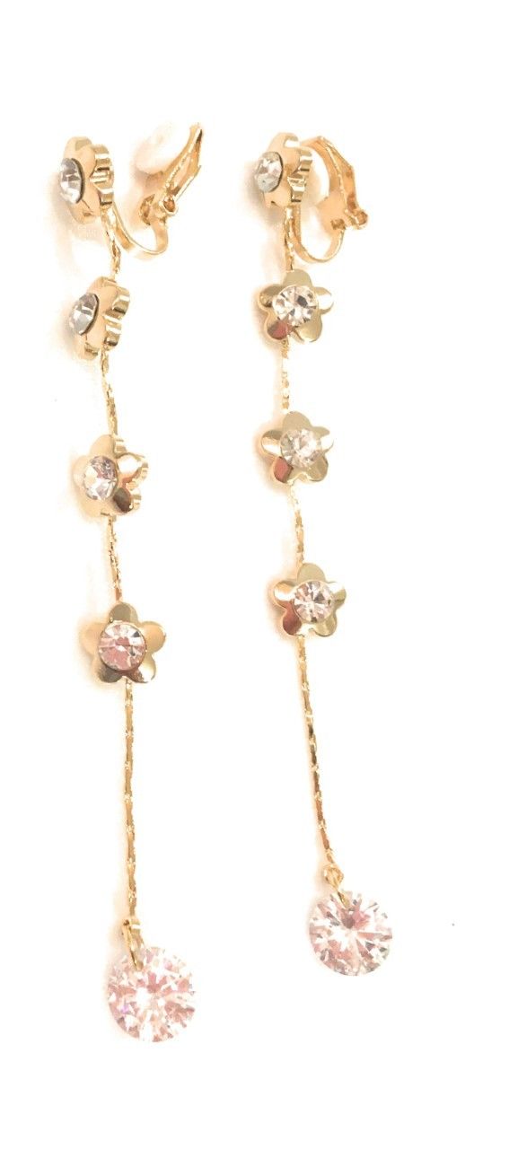 Womens Girls Long Flower Liquid Chandelier Tassel Dangle CLIP ON Earrings for Non Pierced Ears - Gold Tone