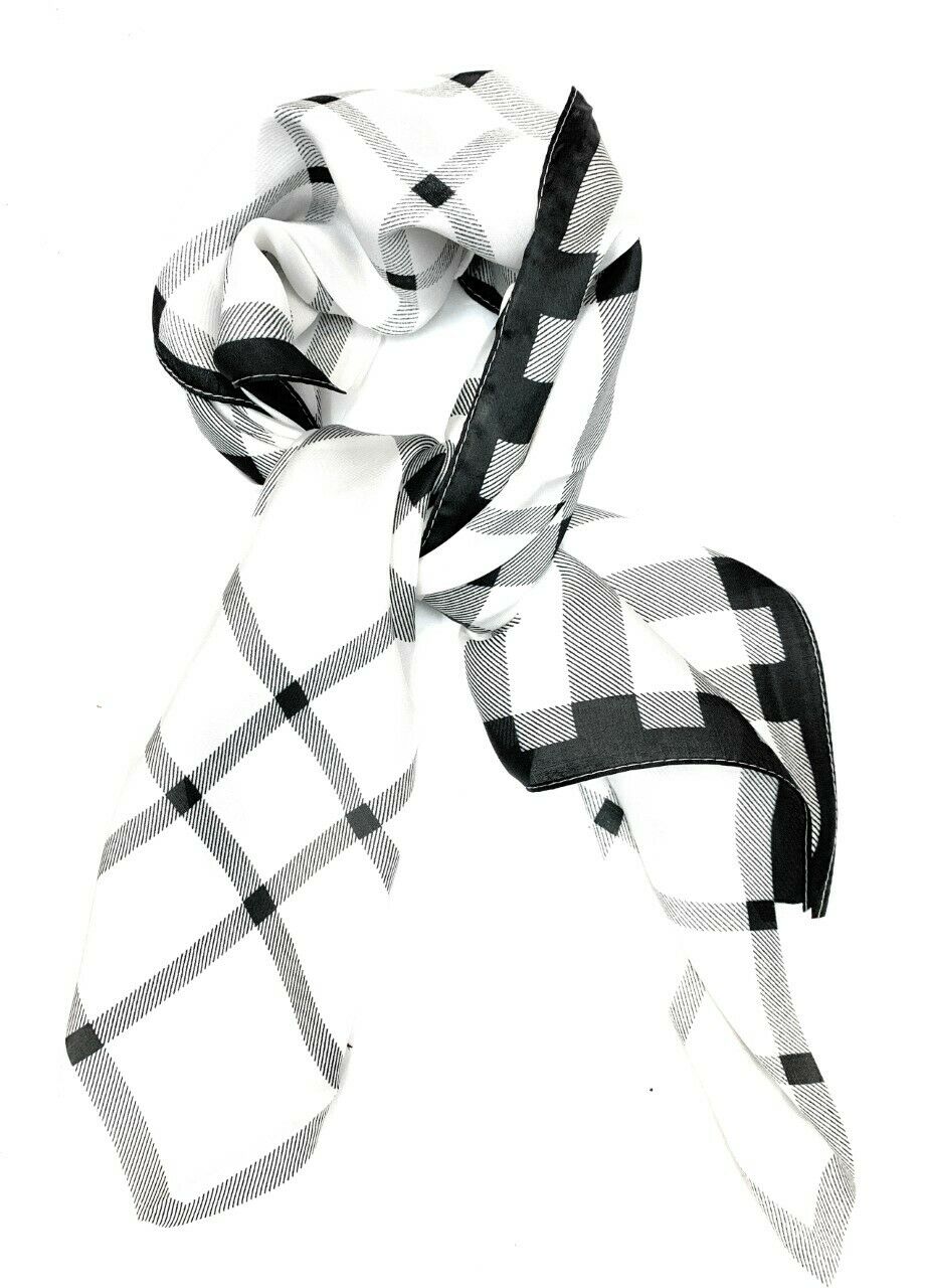 Big Square Ladies Womans Faux Silk Head Neck Thin Scarf Bag Charm - 70cm x 70cm [Black White Checked]