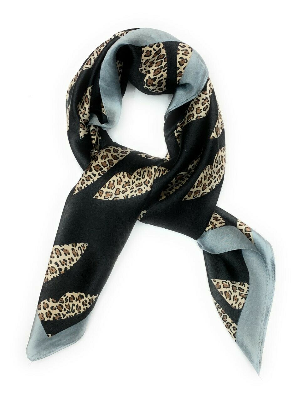 Big Square Ladies Womans Faux Silk Head Neck Thin Scarf Bag Charm - 70cm x 70cm [Leopard Lip Kiss - Black Grey]