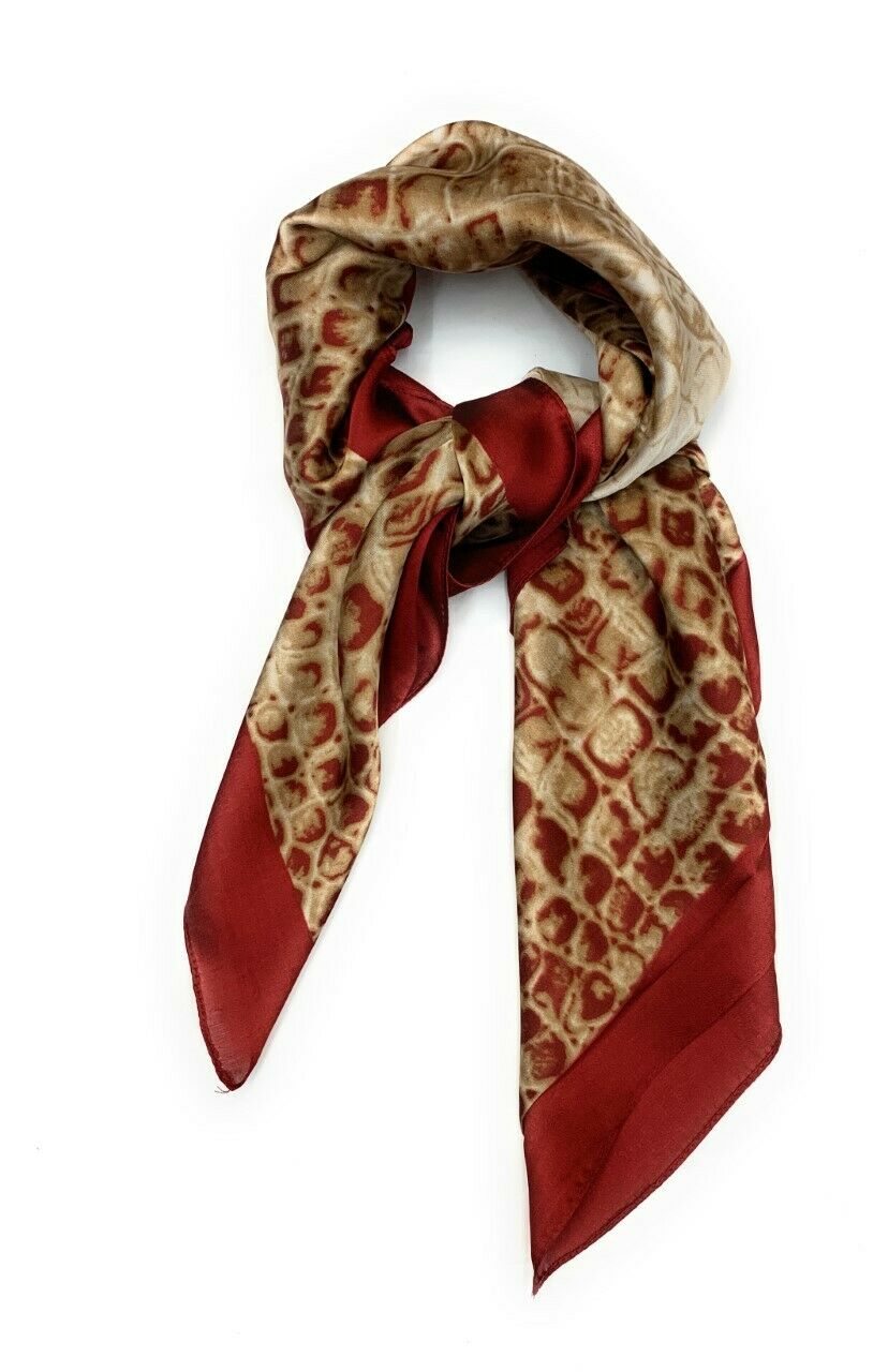 Big Square Ladies Womans Faux Silk Head Neck Thin Scarf Bag Charm - 70cm x 70cm [Snake Print - Red Beige]