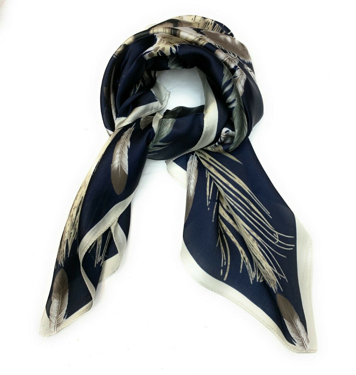 Big Square Ladies Womans Faux Silk Head Neck Thin Scarf Bag Charm - 70cm x 70cm [Large Feather]