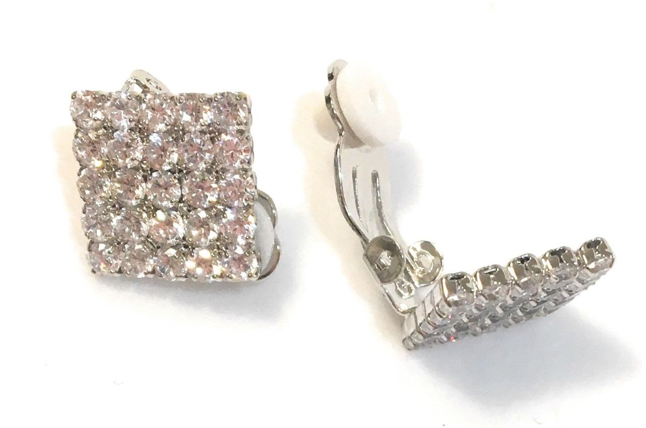 Classic Crystal Rhinestone Diamante Square CLIP ON Earrings Stud Mens Womens