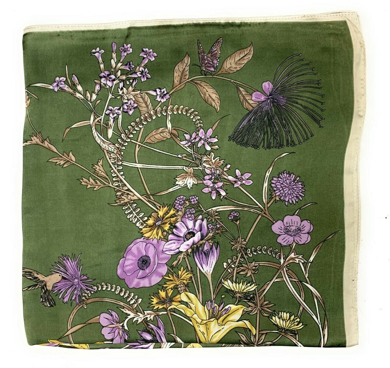 Big Square Ladies Womans Faux Silk Head Neck Thin Scarf Bag Charm - 70cm x 70cm [Dark Olive Green Purple Floral]