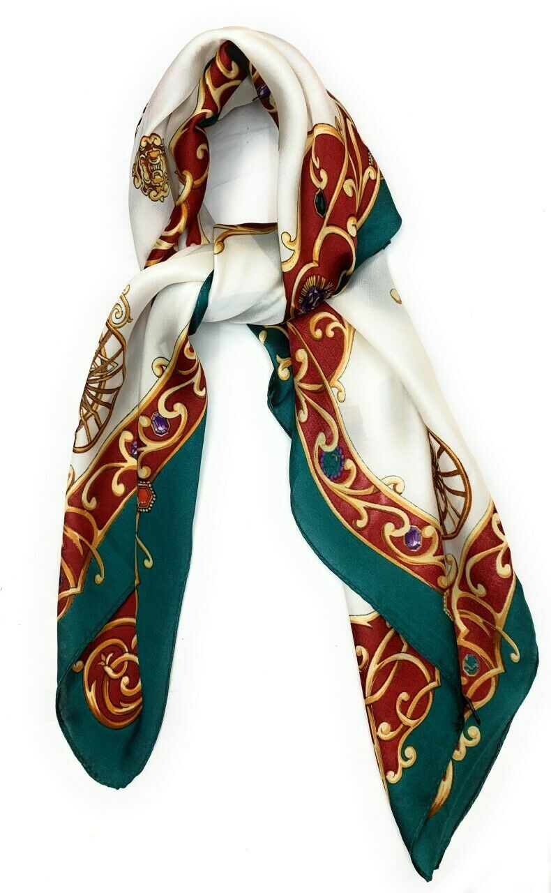 Big Square Ladies Womans Faux Silk Head Neck Thin Scarf Bag Charm - 70cm x 70cm [Green Burgundy Carriage]