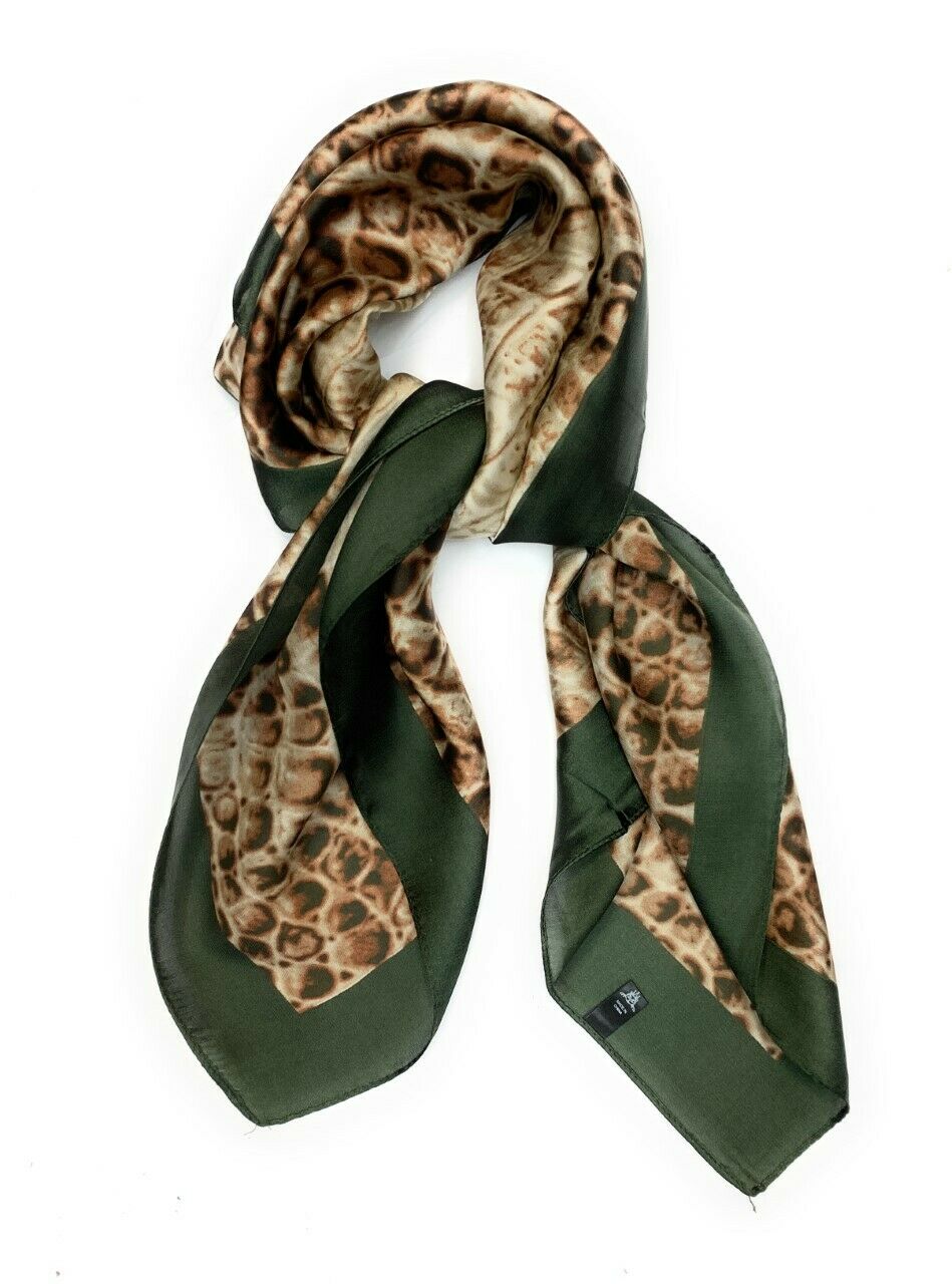 Big Square Ladies Womans Faux Silk Head Neck Thin Scarf Bag Charm - 70cm x 70cm [Snake Print - Dark Green Brown]