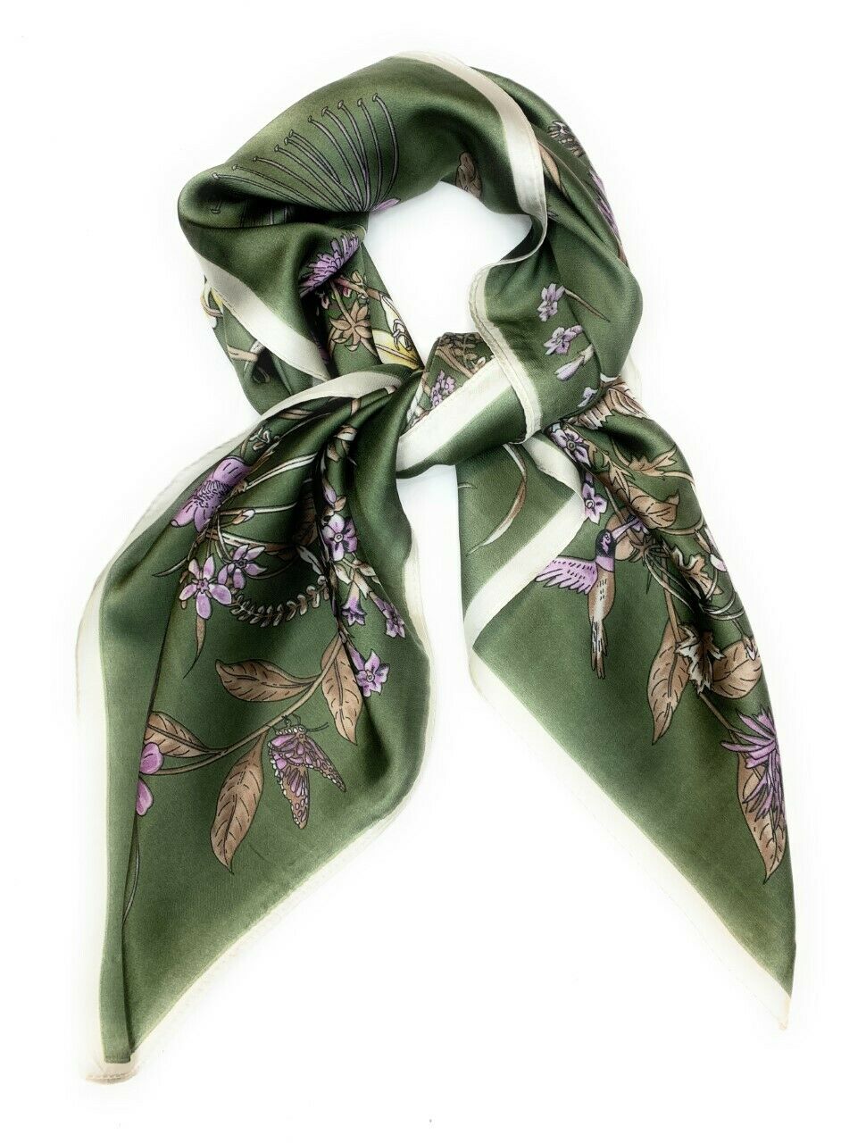 Big Square Ladies Womans Faux Silk Head Neck Thin Scarf Bag Charm - 70cm x 70cm [Dark Olive Green Purple Floral]