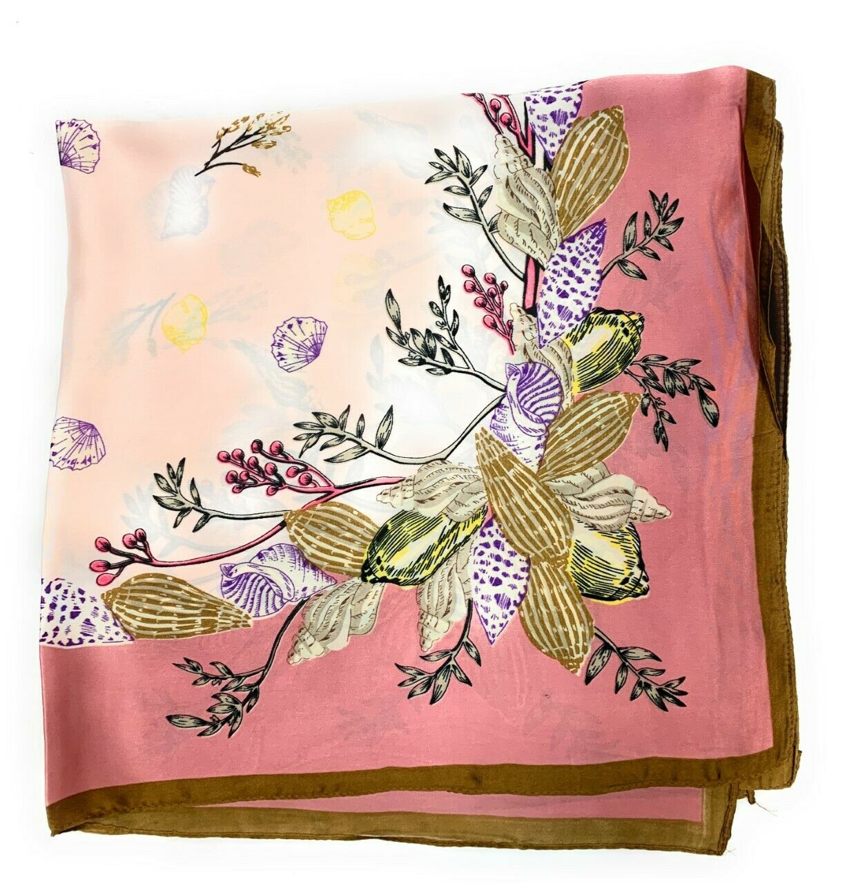 Big Square Ladies Womans Faux Silk Head Neck Thin Scarf Bag Charm - 70cm x 70cm [Baby Pink Shell Floral]