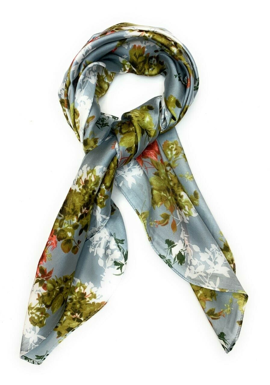 Big Square Ladies Womans Faux Silk Head Neck Thin Scarf Bag Charm - 70cm x 70cm [Lime Green Pale Blue Floral]