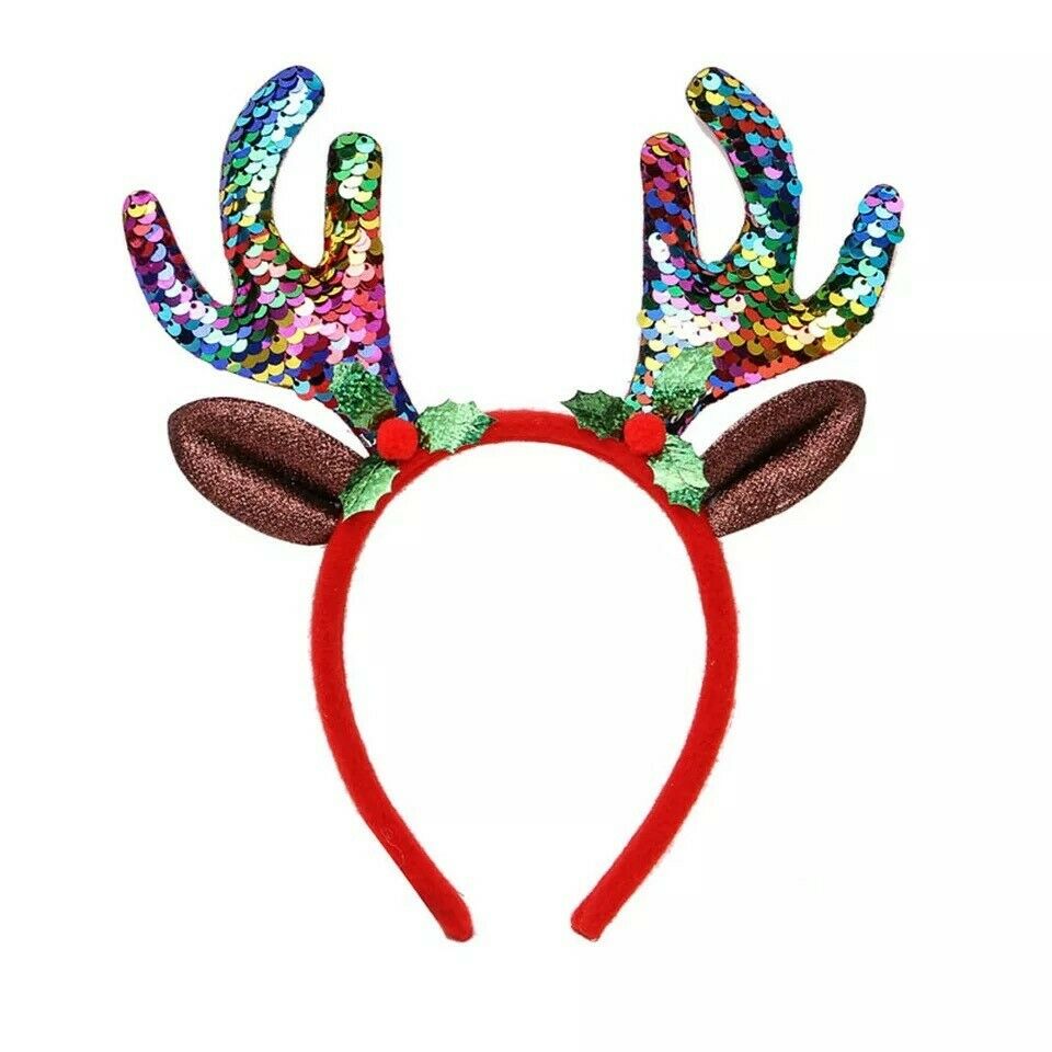 Girls Rainbow Sequin Rudolph Reindeer Antlers Christmas Deer Ears Headband Headbopper School Navitity