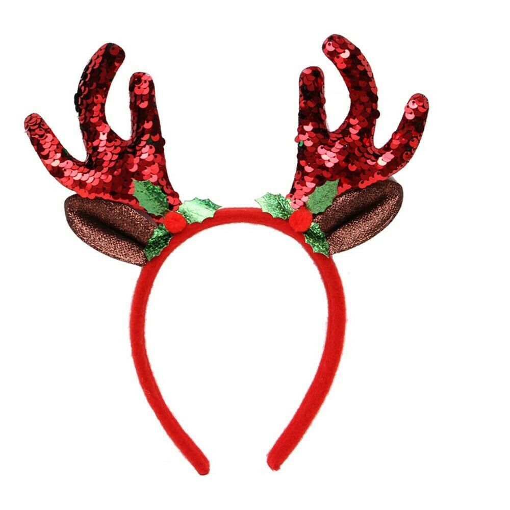 Girls Rainbow Sequin Rudolph Reindeer Antlers Christmas Deer Ears Headband Headbopper School Navitity