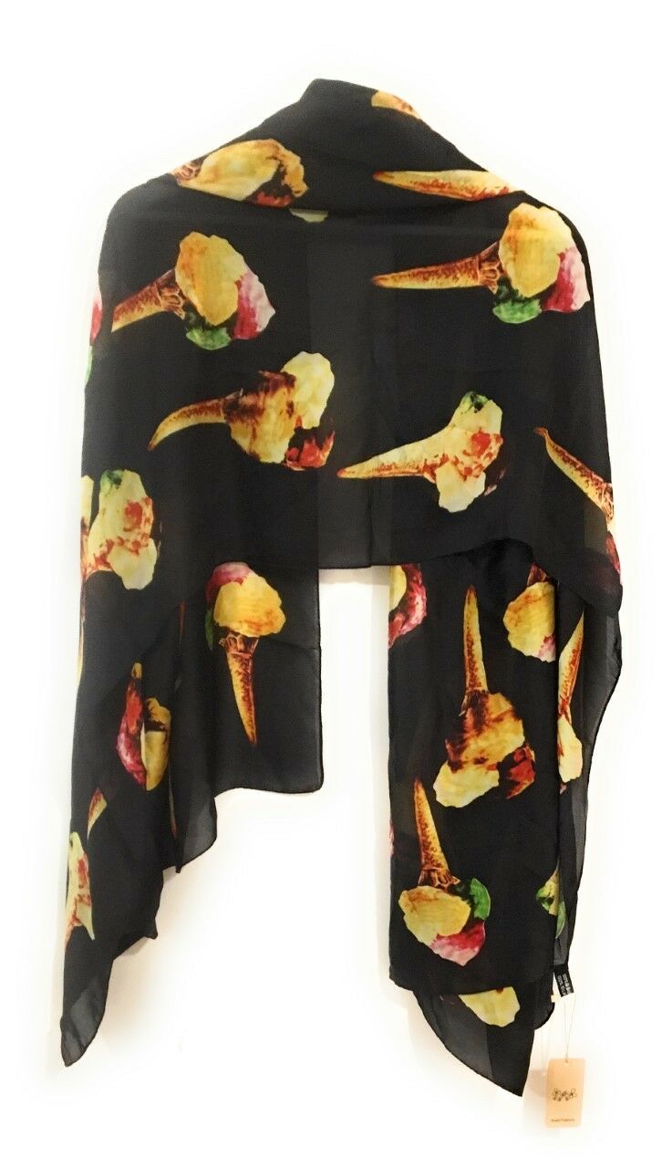90x180cm Large Black Yellow Ice Cream Ladies Womens Maxi Scarf Hijab Shawl Pashmina Faux Silk