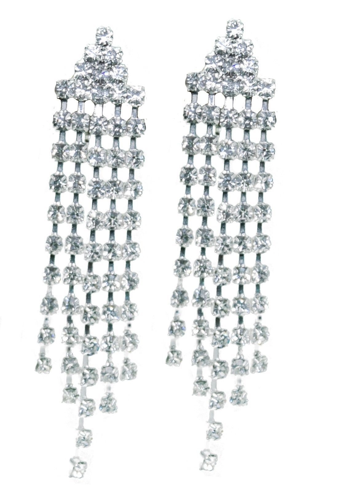 Crystal Tassel Triangle Silver Dangle Diamante Clip On Earrings CZ