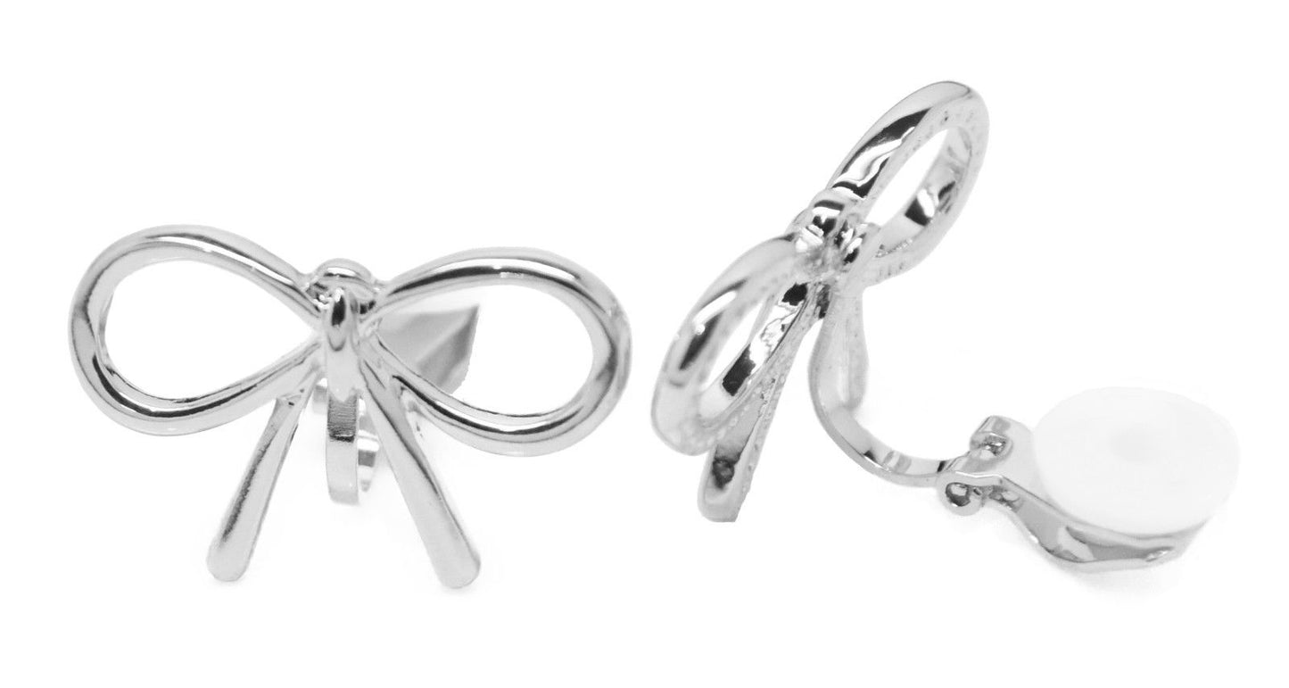 Silver Tone Copper Bow Stud Clip-On Earrings Ladies and Girls