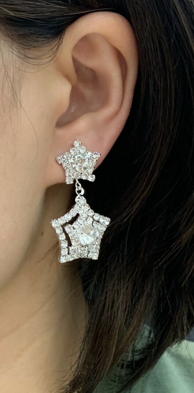 Sparkly Star Drop Dangle CLIP ON Crystal Party Earrings Bridal Womens Girls CZ Gatsby Ladies