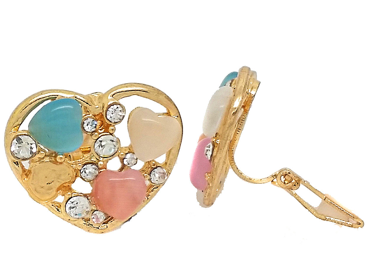 Heart Stones Non-Pierced Crystal Gold Stud Diamante Clip On Earrings CZ Gatsby