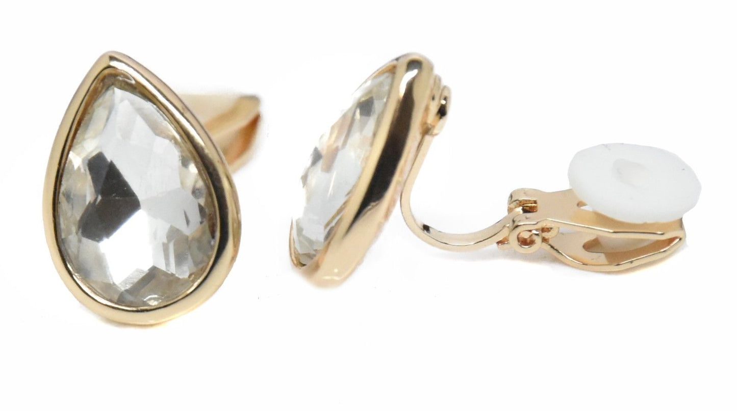 Girls Womans Gold Tone Crystal Drop Teardrop Clip On Earrings