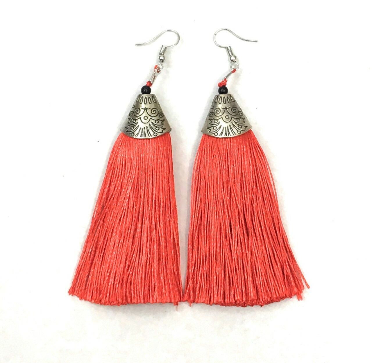 Scarlet Red Long Funky Tassel Chandelier Silver Dangle Party Earrings - Pierced or Clip On