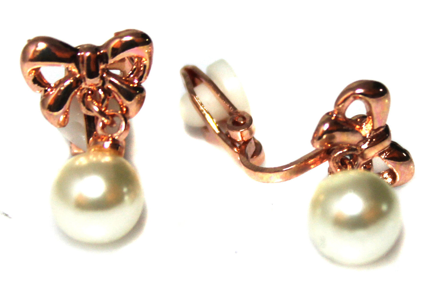 Rose Gold Bow with Dangle Pearl Clip-On Earrings Ladies and Girls