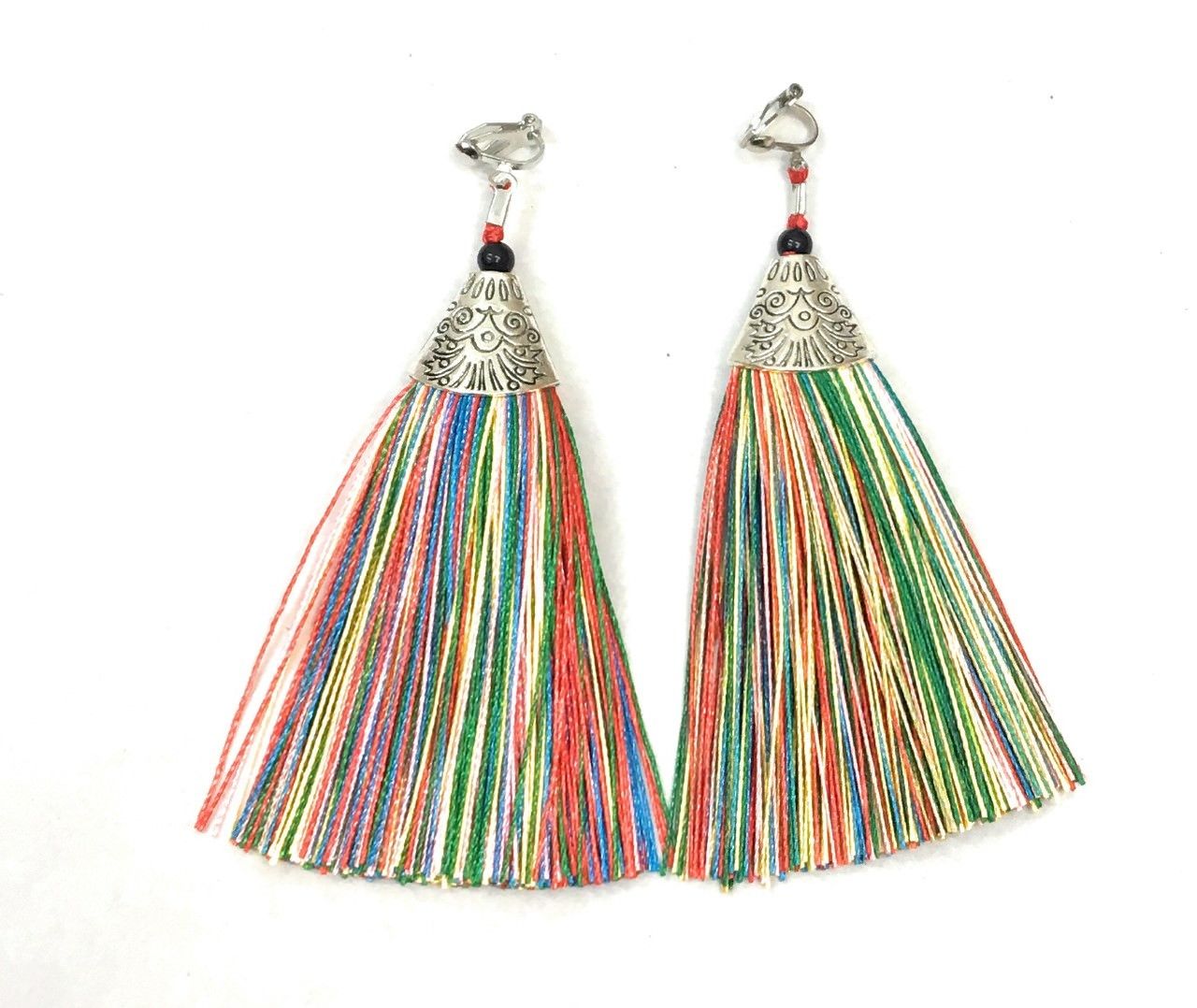 Colourful Rainbow Long Funky Tassel Chandelier Silver Dangle Party Earrings - Pierced or Clip On