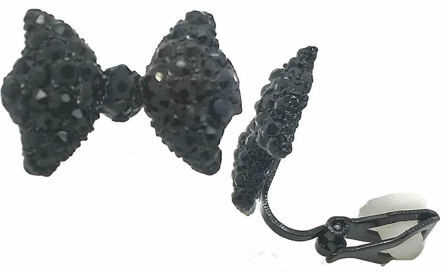 CLIP ON crystal Bow flower EARRINGS Black non-pierced rhinestone clips Gatsby