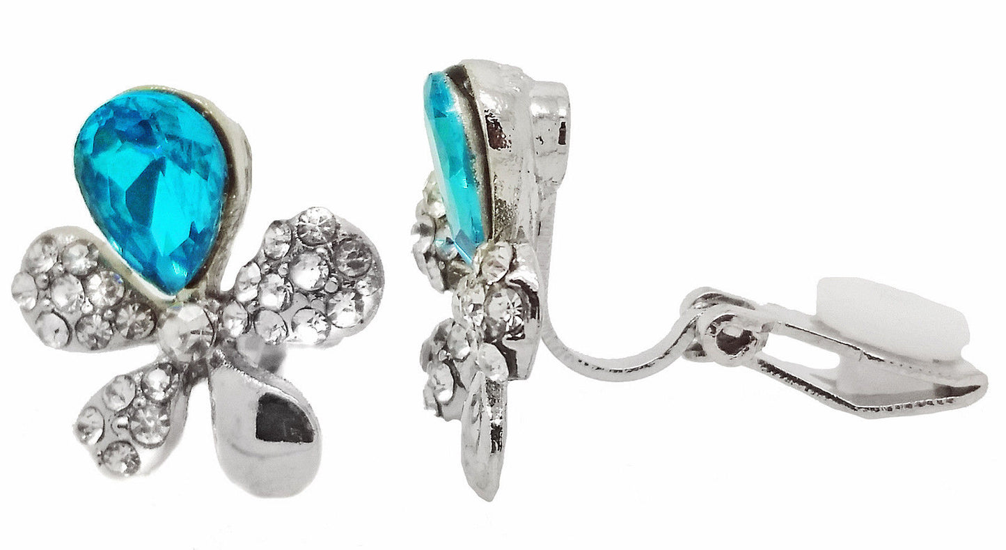 Turquoise Flower Silver Crystal Clip On Stud  Earrings