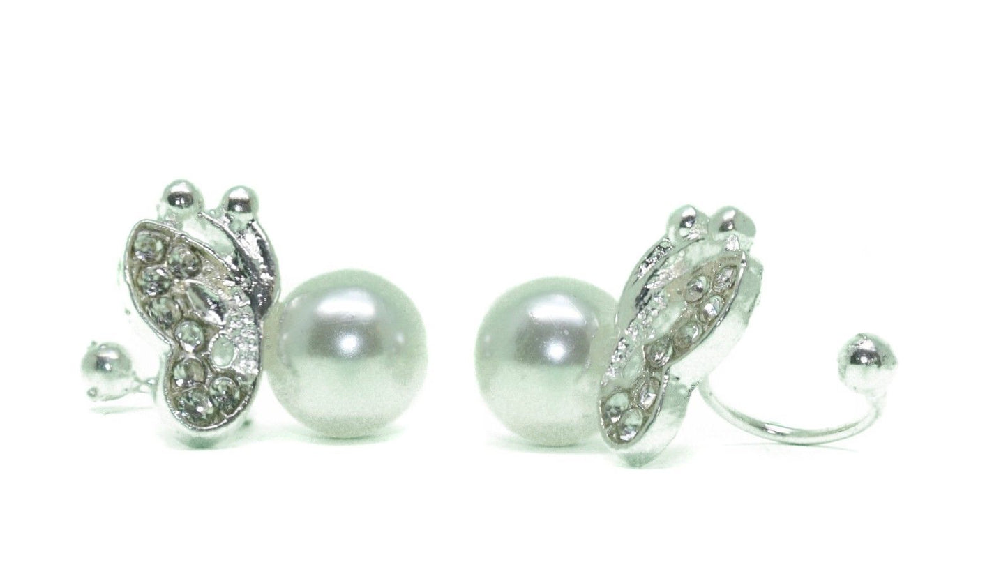 Small Butterfly U-clip Clipon Earrings Silver Tone Crystals and Pearl