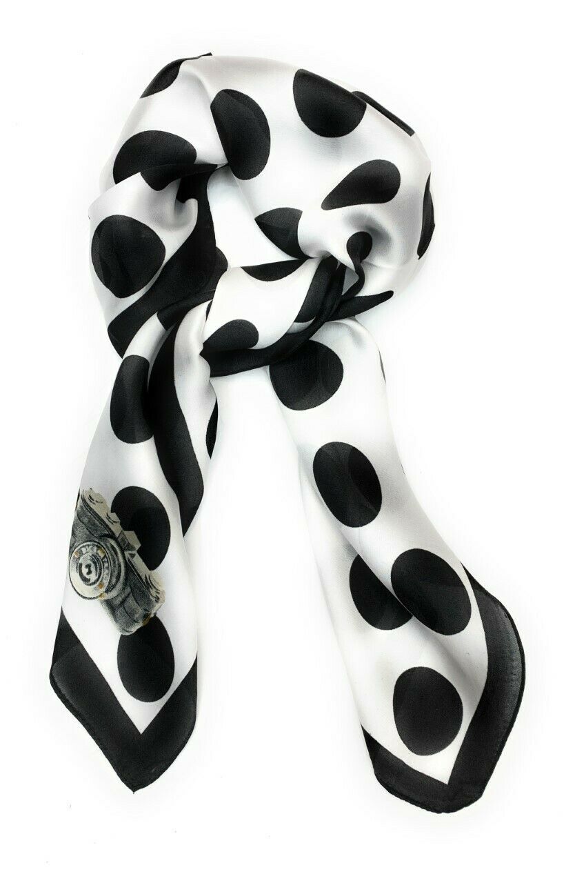 Big Square Ladies Womans Faux Silk Head Neck Thin Scarf Bag Charm - 70cm x 70cm[Large Polka Dot with Camera - Black White]
