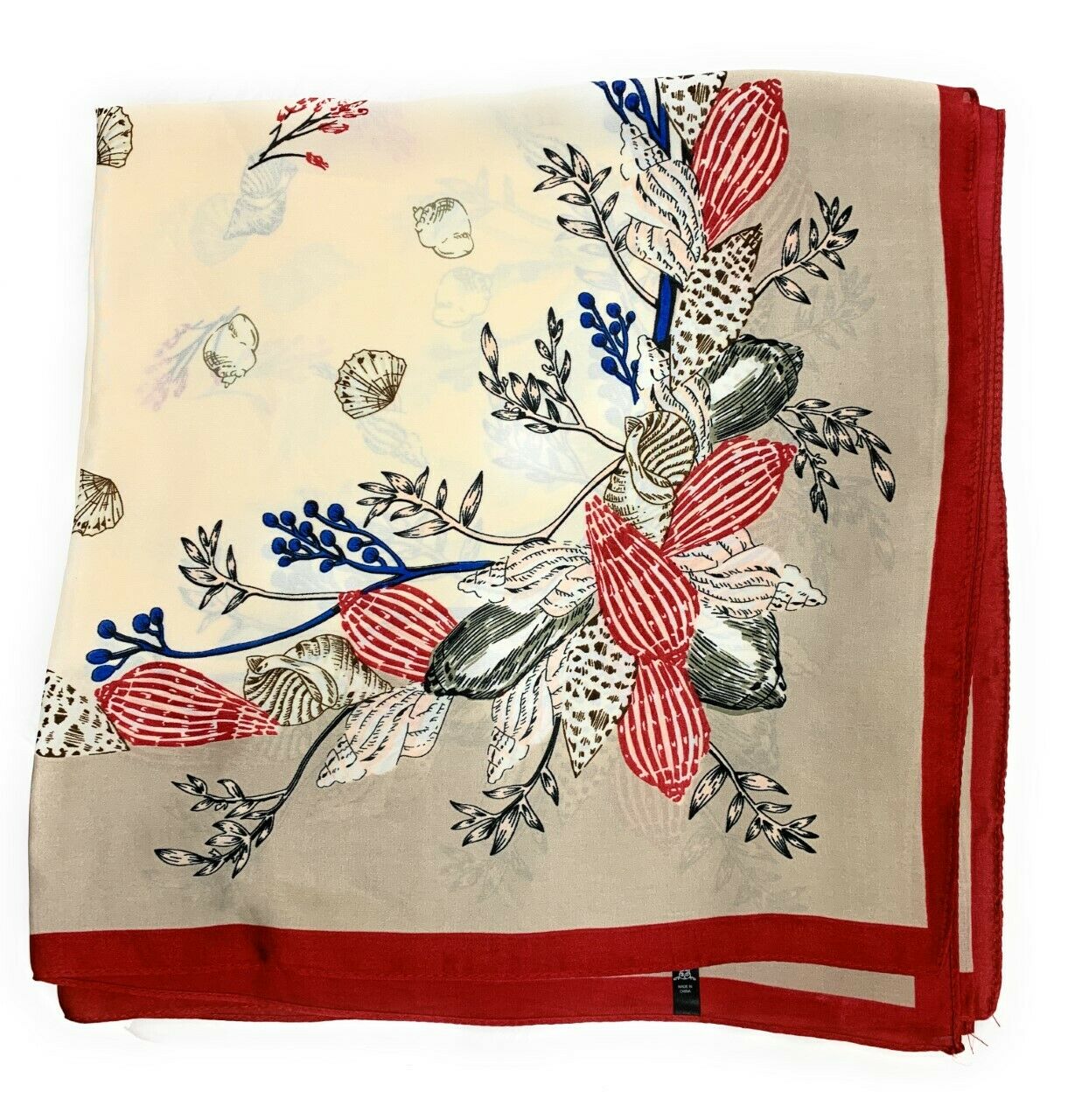 Big Square Ladies Womans Faux Silk Head Neck Thin Scarf Bag Charm - 70cm x 70cm[Burgundy Shell Floral]
