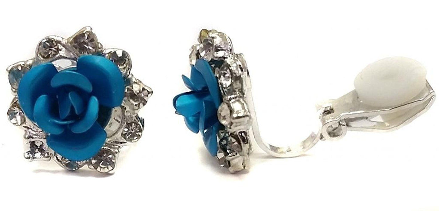 Silver Rose Blue Crystal Clip On Earrings Stud