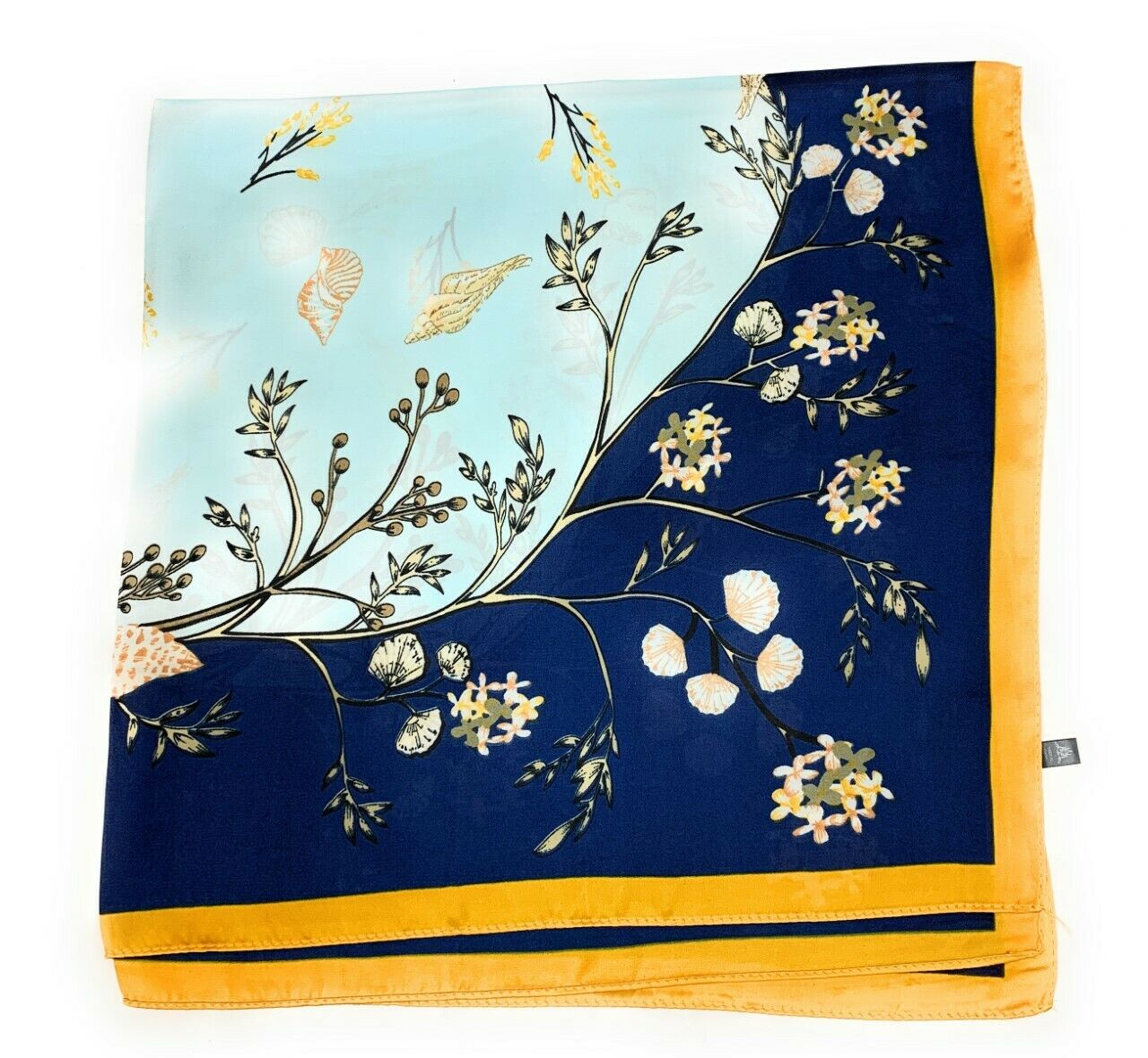 Big Square Ladies Womans Faux Silk Head Neck Thin Scarf Bag Charm - 70cm x 70cm[Mustard Yellow Shell Floral]