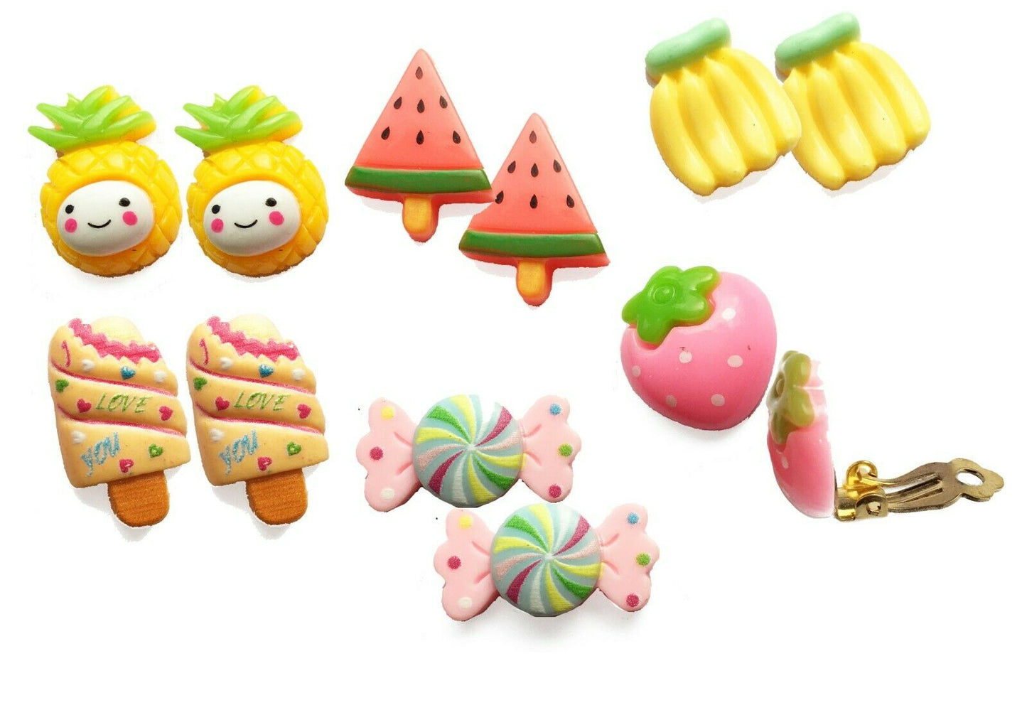 6 Pack Fruit Set Kids Girls Childrens Clip On Earrings Unpierced ears