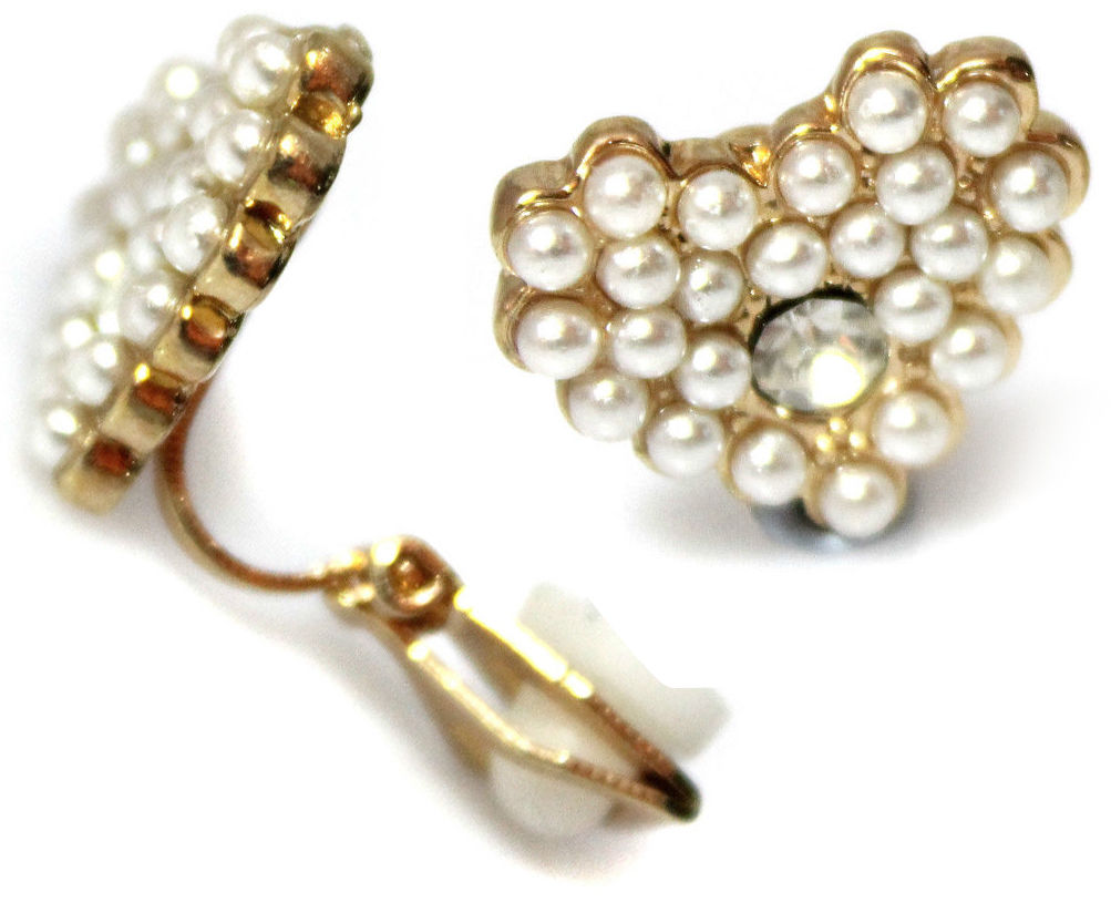 Pearl Cluster Heart Gold Clip On Earrings Stud
