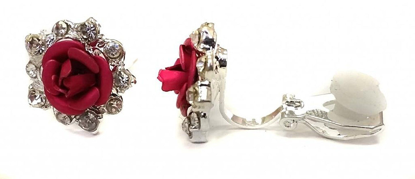 Silver Fuchsia Hot Pink Rose Crystal Clip On Earrings Stud