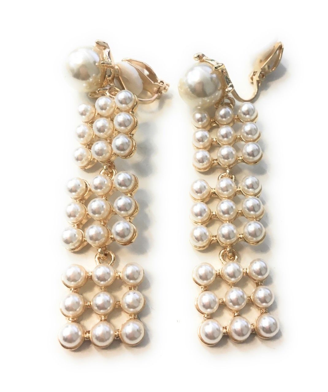 Pearl Tassel Non-Pierced Gold Tone Clip On Earrings