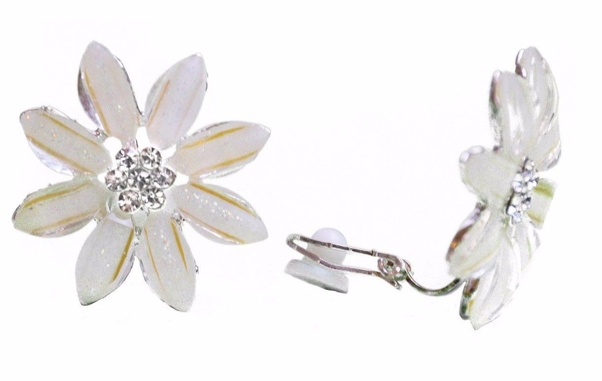 Cream Flower Clip-on  Stud Kids Womens Girls Earrings Bridal Crystal