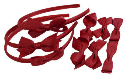9 PIECE BUNDLE SET Burgundy School Hair Bows Headbands Clips Alice Bands Uniform Colours