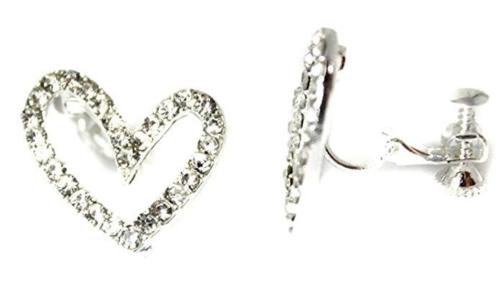 Heart Non-Pierced Crystal Silver Stud Diamante Clip On Earrings CZ Cushion