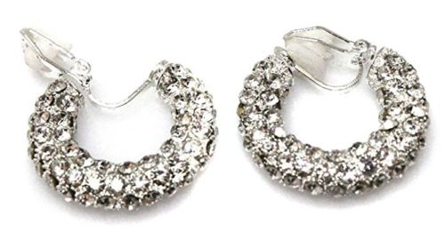Silver Ring Hoop Non-Pierced Crystal Silver Stud Diamante Clip On Earrings CZ