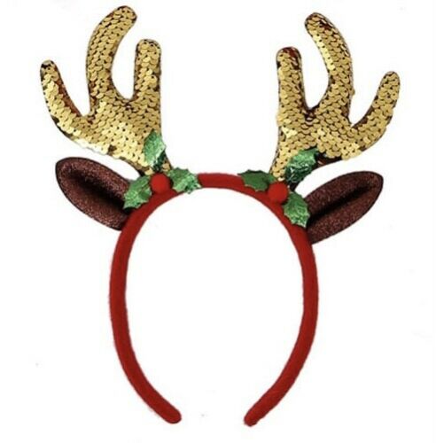 Girls Rainbow Sequin Rudolph Reindeer Antlers Christmas Deer Ears Headband Headbopper School Navitity