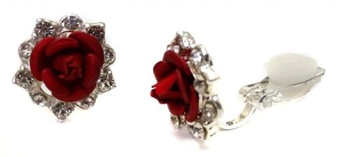 Silver Red Rose Crystal Clip On Earrings Stud