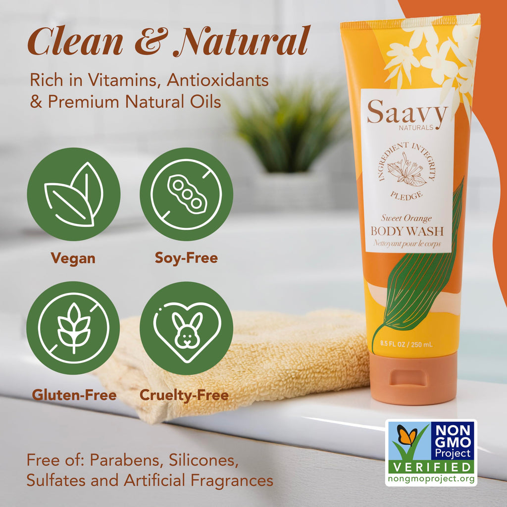 Saavy Naturals Moisturizing Body Wash for Sensitive Skin – Plant-Based with Coconut Oil, Shea Butter & Aloe Vera – Paraben-Free, Cruelty-Free – Sweet Orange – 2 x 8.5 fl oz