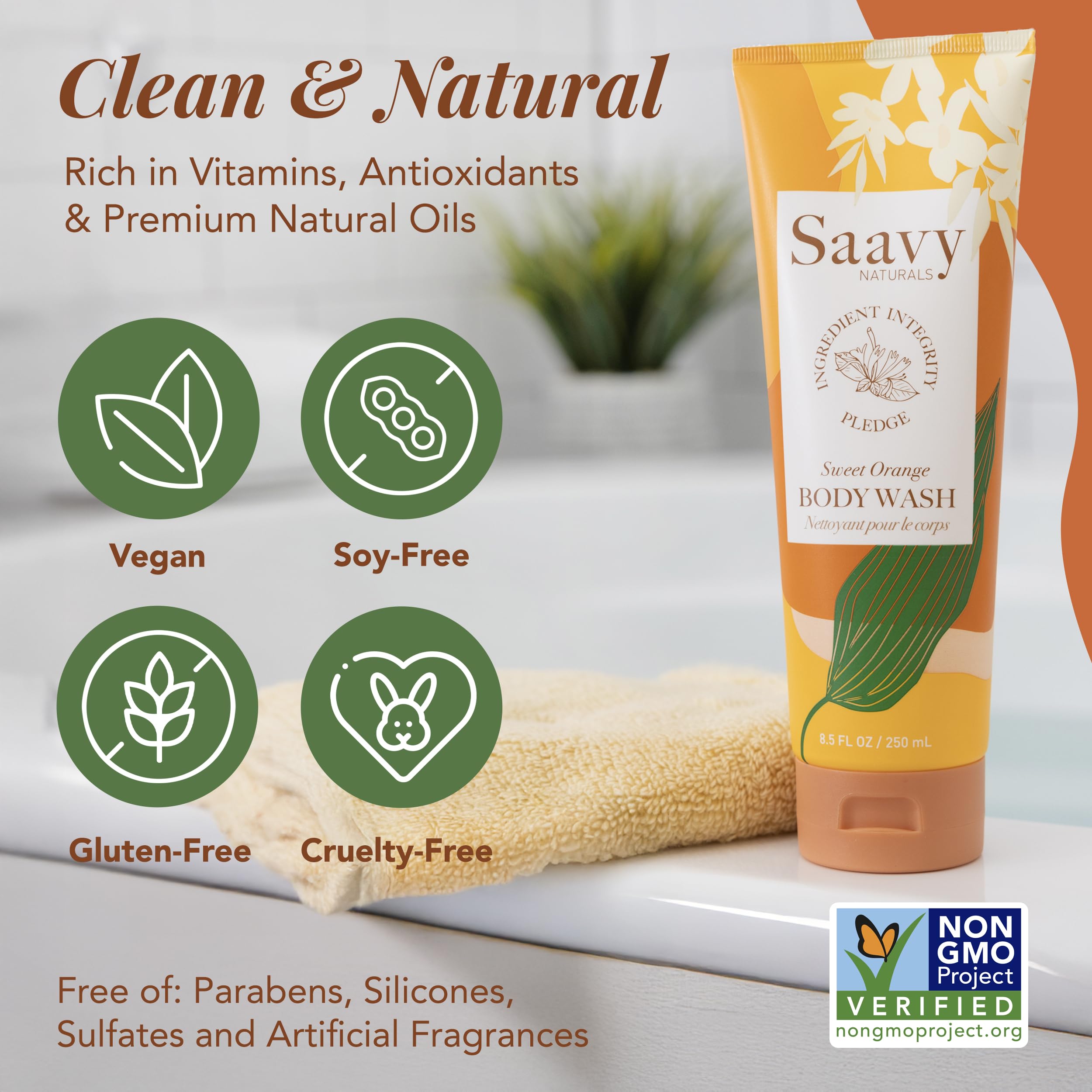 Saavy Naturals Moisturizing Body Wash for Sensitive Skin – Plant-Based with Coconut Oil, Shea Butter & Aloe Vera – Paraben-Free, Cruelty-Free – Sweet Orange – 2 x 8.5 fl oz