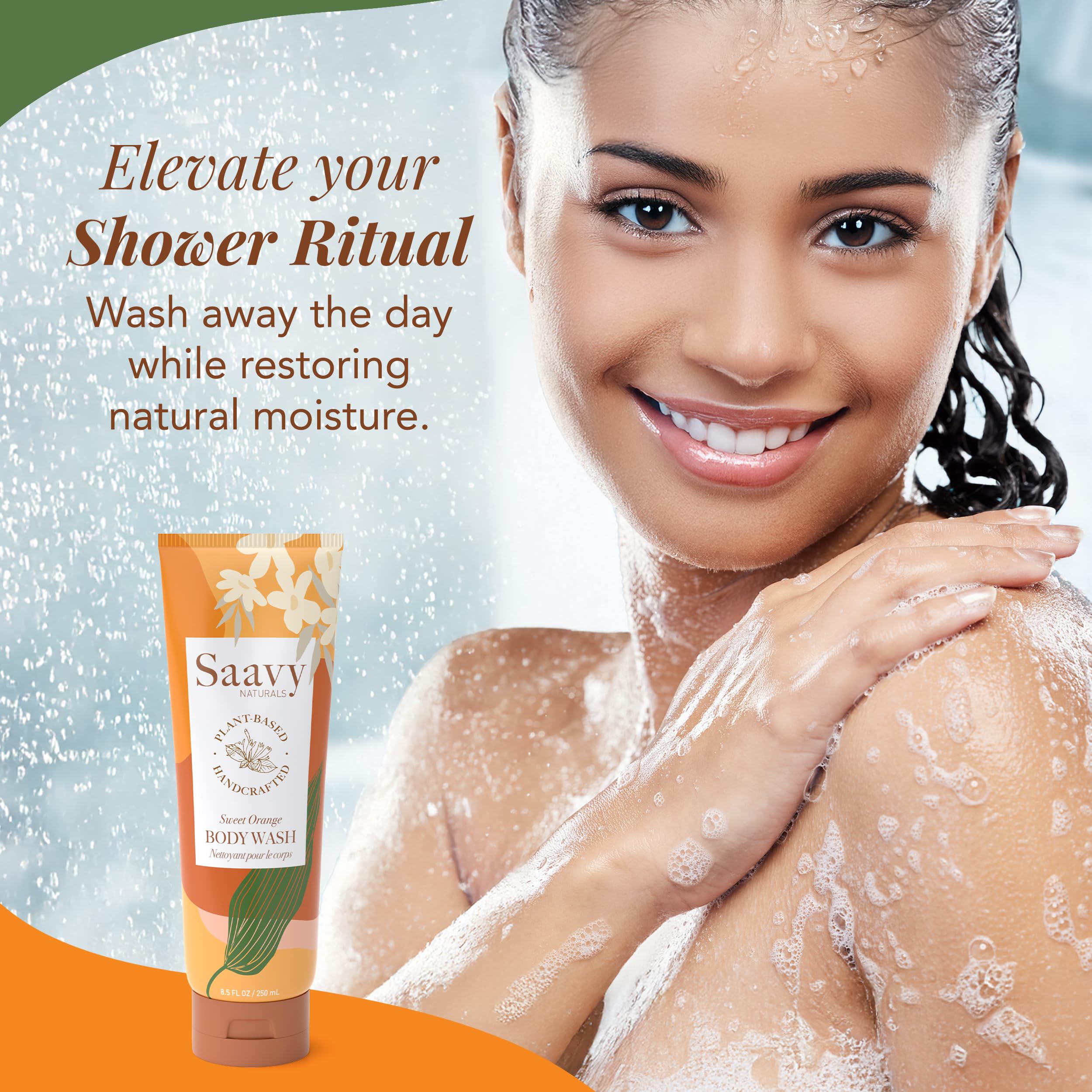 Saavy Naturals Moisturizing Body Wash for Sensitive Skin – Plant-Based with Coconut Oil, Shea Butter & Aloe Vera – Paraben-Free, Cruelty-Free – Sweet Orange – 2 x 8.5 fl oz