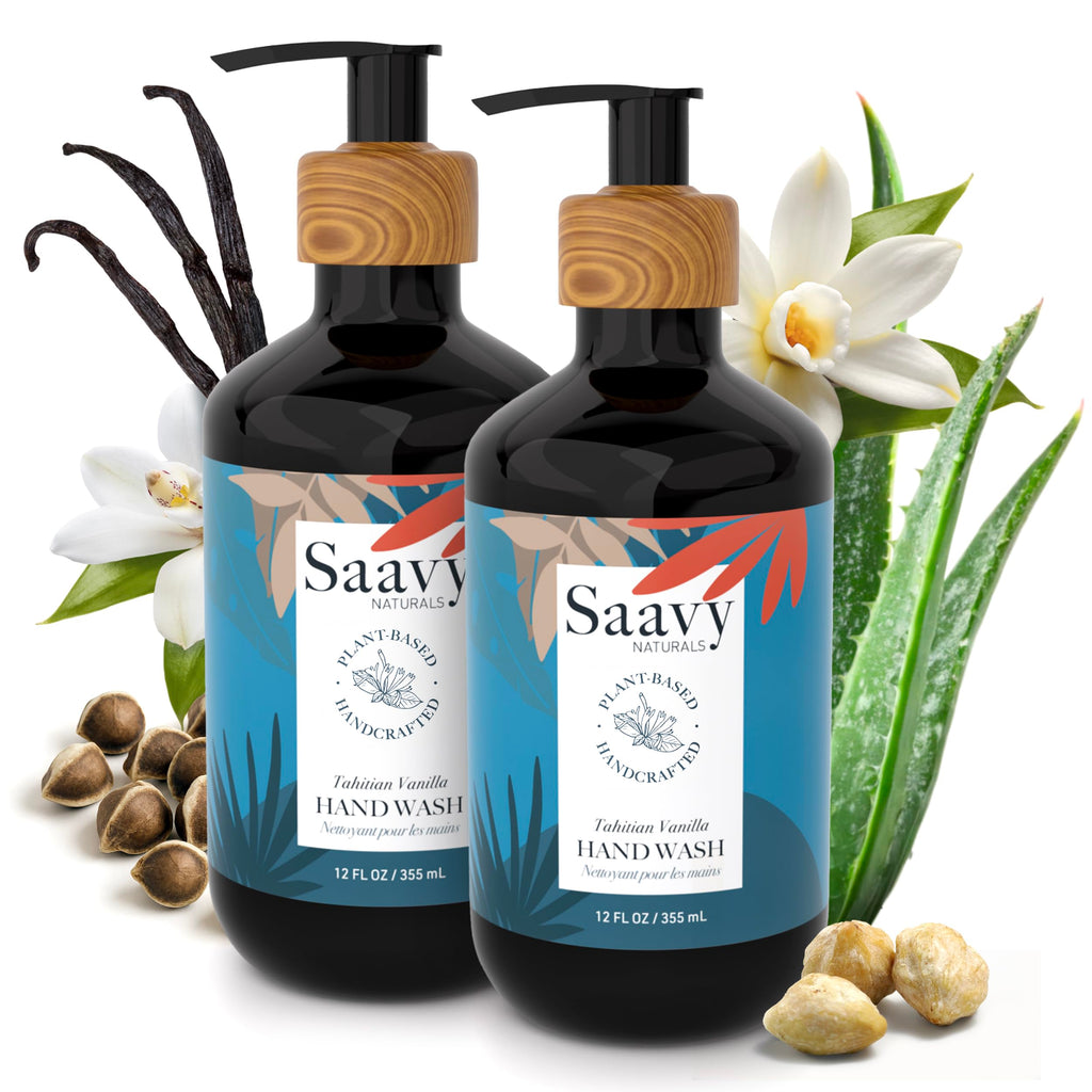 Saavy Naturals Hand Wash – Plant-Based, Sulfate-Free with Aloe Vera & Shea Butter – Tahitian Vanilla – 12 fl oz, 2 Pack