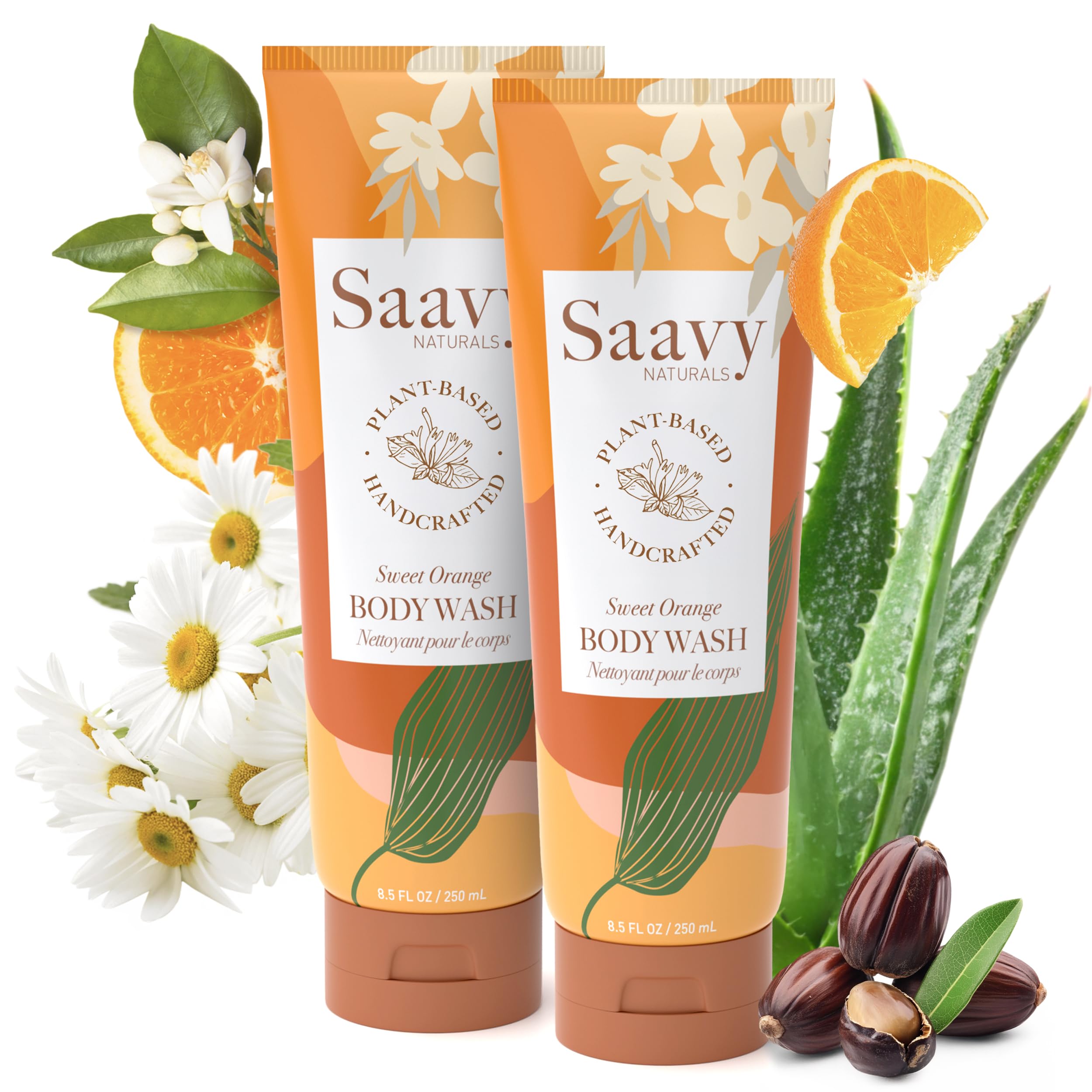 Saavy Naturals Moisturizing Body Wash for Sensitive Skin – Plant-Based with Coconut Oil, Shea Butter & Aloe Vera – Paraben-Free, Cruelty-Free – Sweet Orange – 2 x 8.5 fl oz