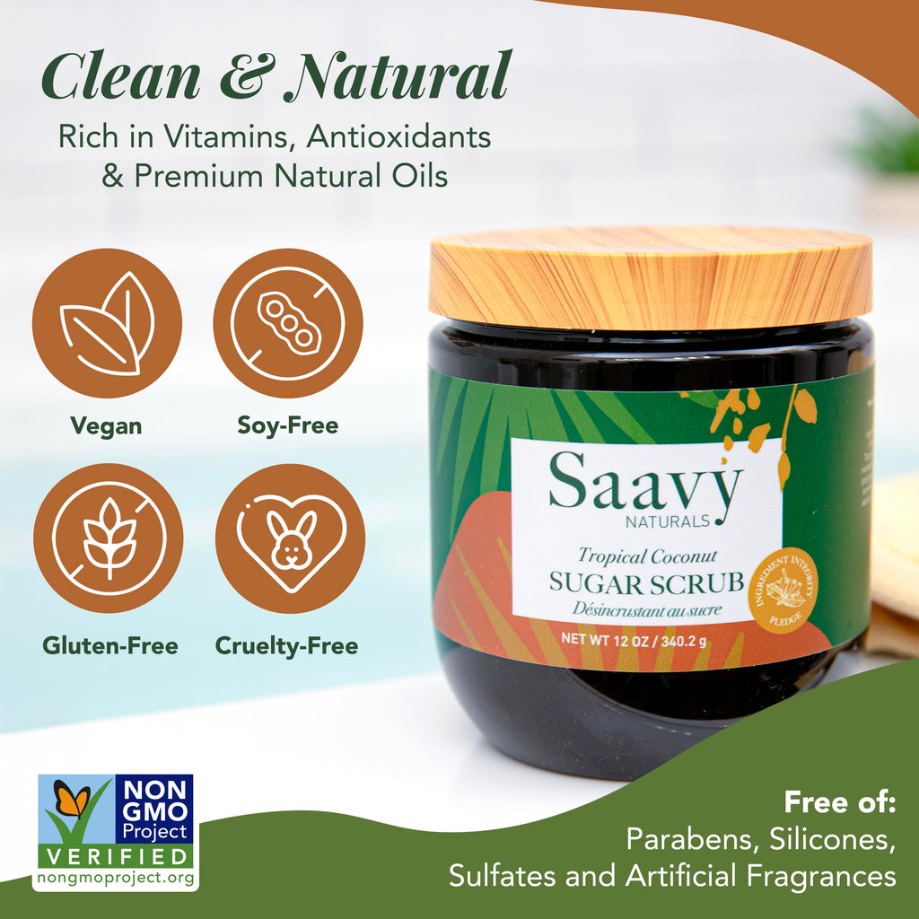 Saavy Naturals Body Scrub – Tropical Coconut Sugar Exfoliator, Vegan & Natural, 12 oz – Made in USA